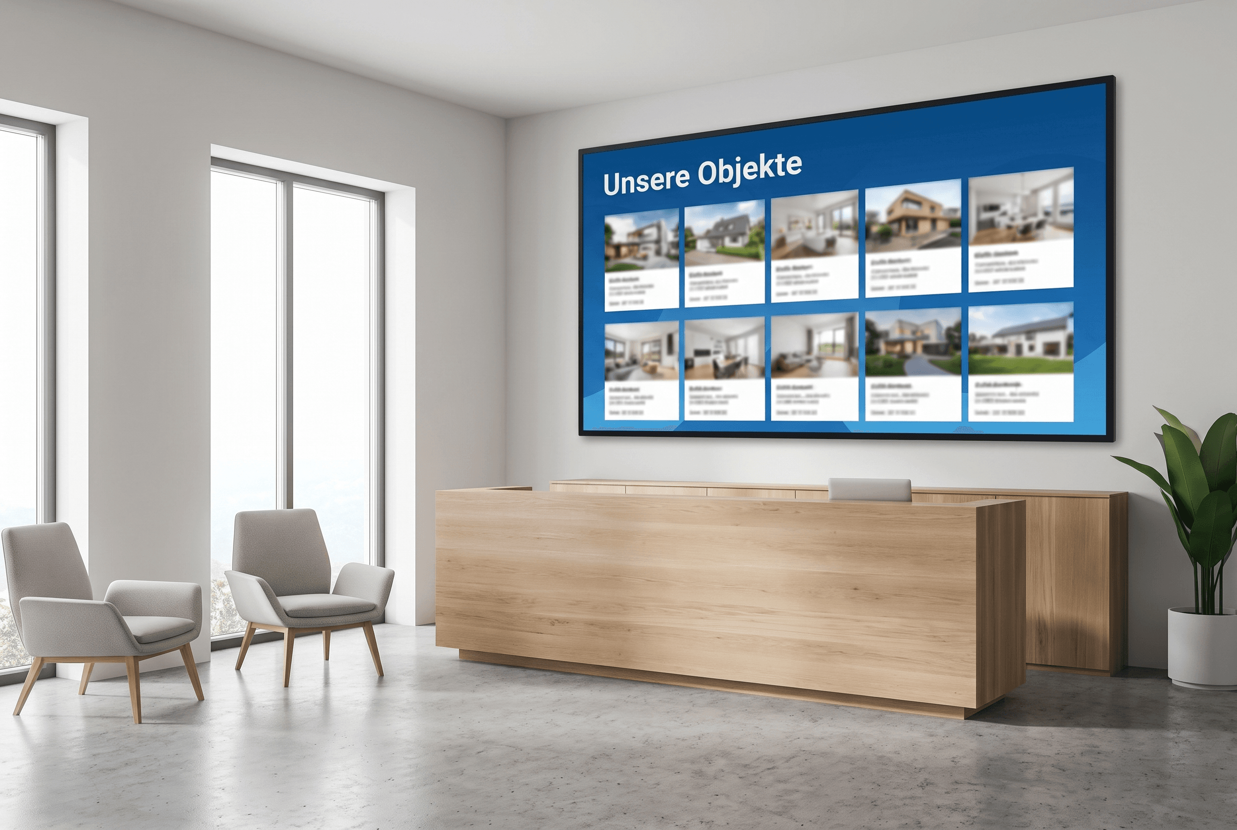 Großformatiges Digital-Signage-Display im Empfangsbereich eines Immobilienbüros (KI-generierte Visualisierung)