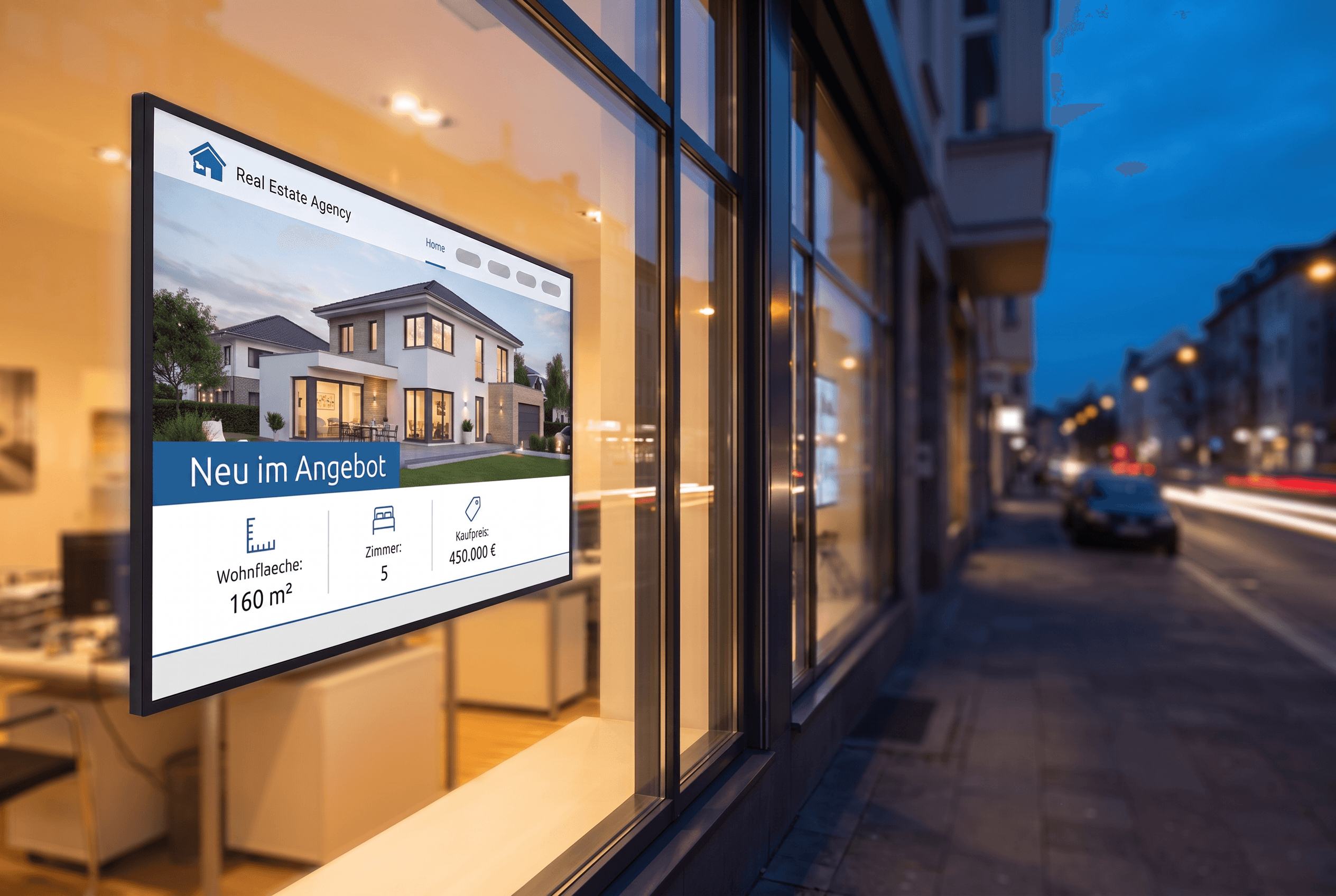 Digital-Signage-Display im Schaufenster eines Immobilienbüros, zeigt abends ein aktuelles Exposé (KI-generierte Visualisierung)