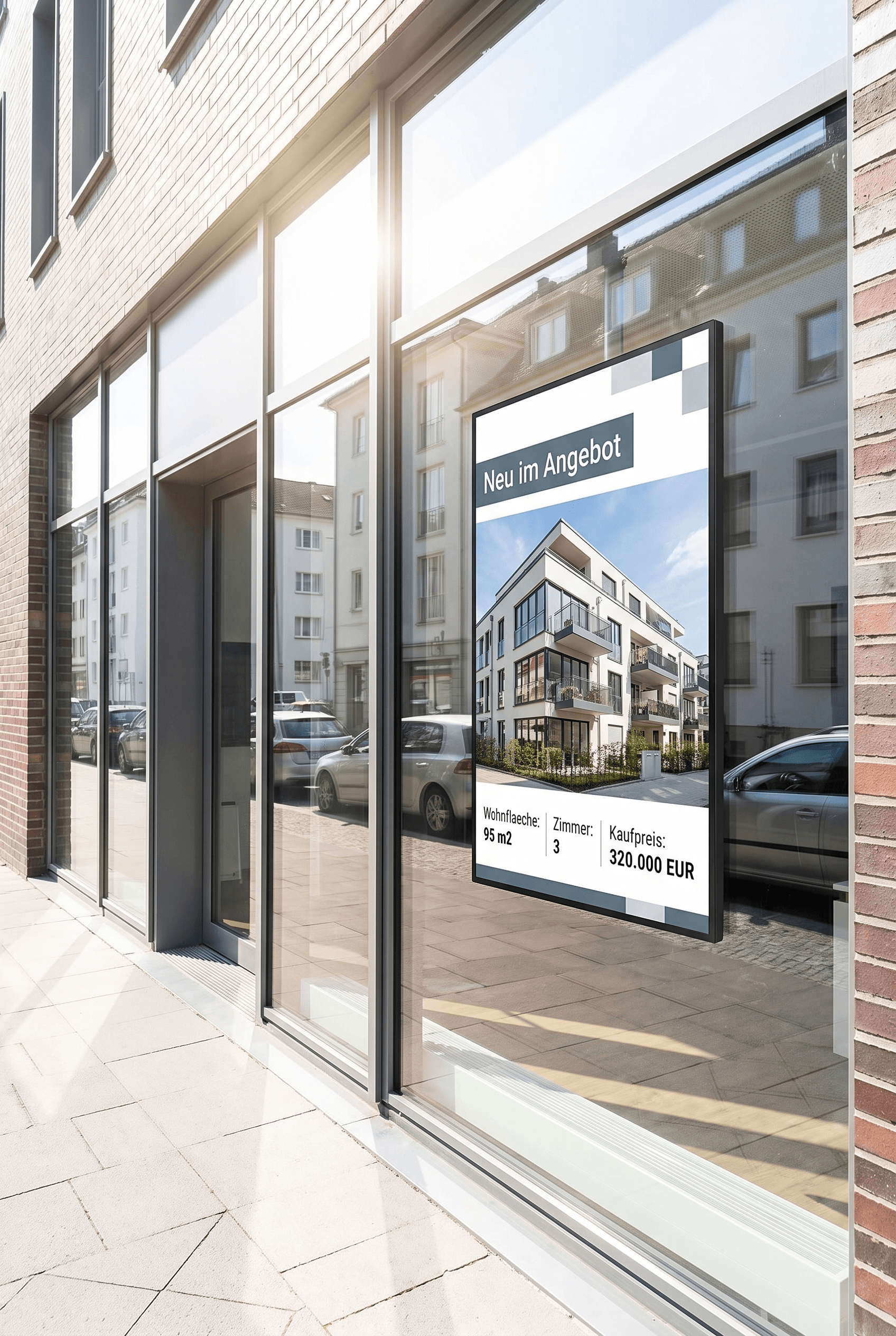 Kompaktes Digital-Signage-Display im Schaufenster einer Immobilienagentur bei Tag (KI-generierte Visualisierung)